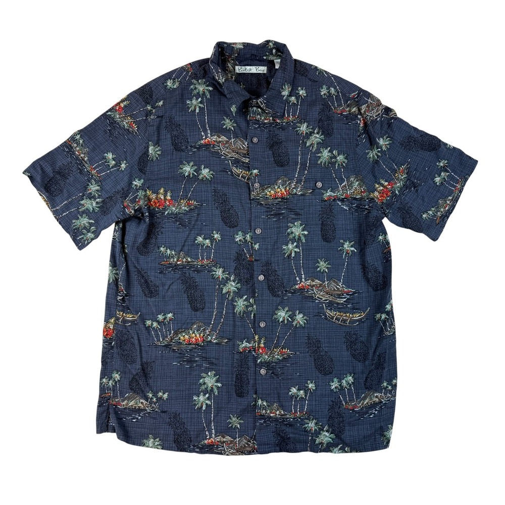 Tropical Hawaiian Shirt Rayon Palm Tree Pineapple Large Batik Bay